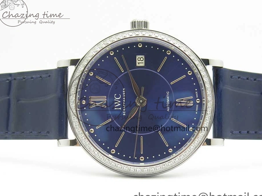 MIROTIME 0210 Fashionable Portofino IW458101 Diamond Bezel SS MK 1:1 Best Edition Blue Dial On Blue Leather Strap MIYOTA 7169